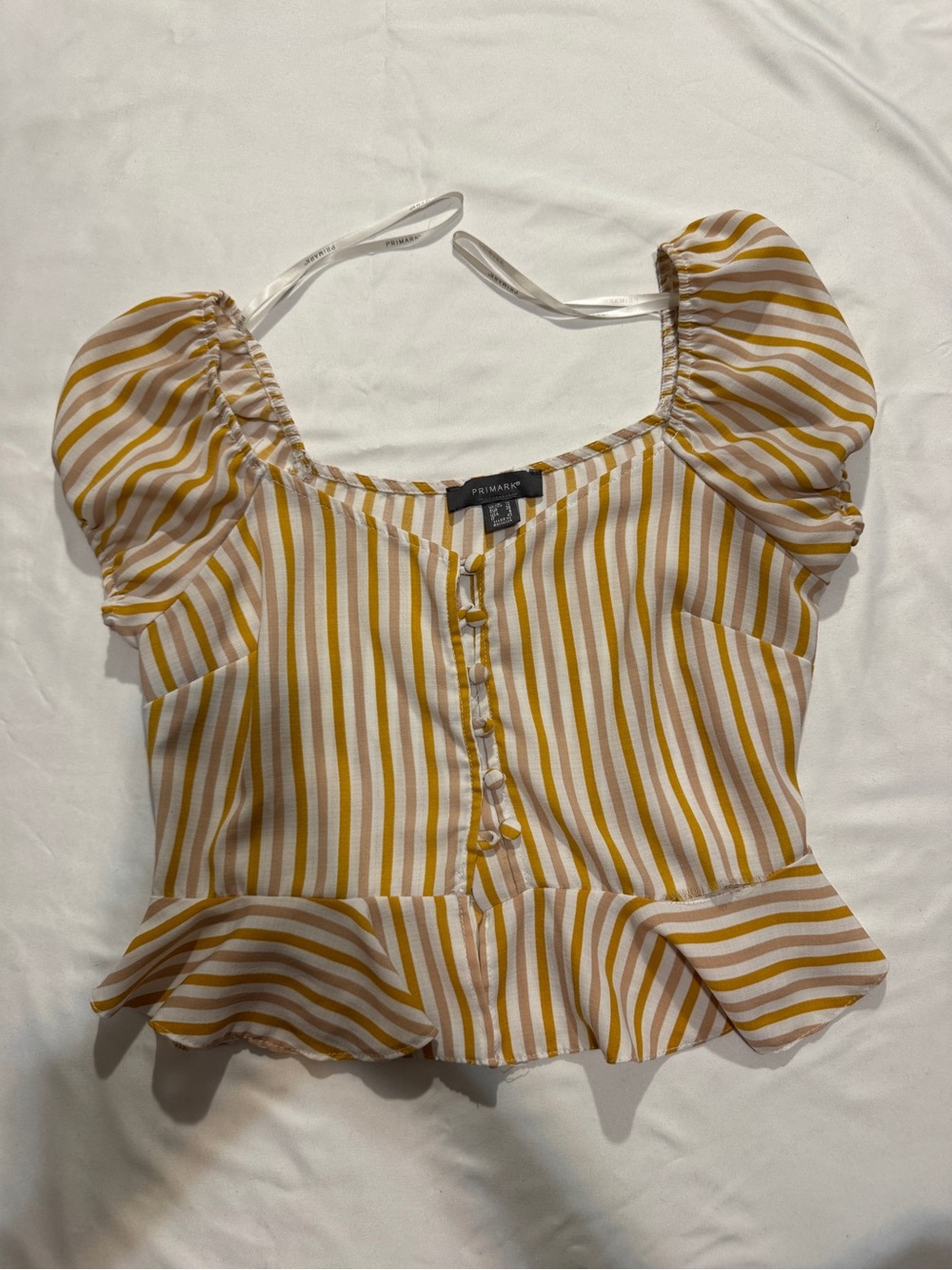 Primark Yellow and White Striped Puff Sleeve Peplum Blouse